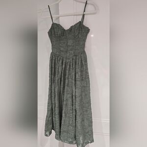 Elegant Sage Green Women's Dress. Sheer Floral And Stripe Overlay.